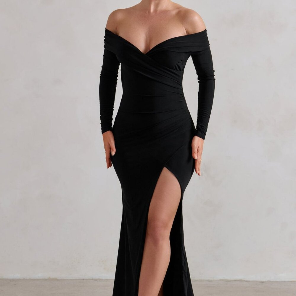 NWT One Moment | Black Bardot Wrap Ruched Split Maxi Dress.  SZ 2 - Picture 3 of 5